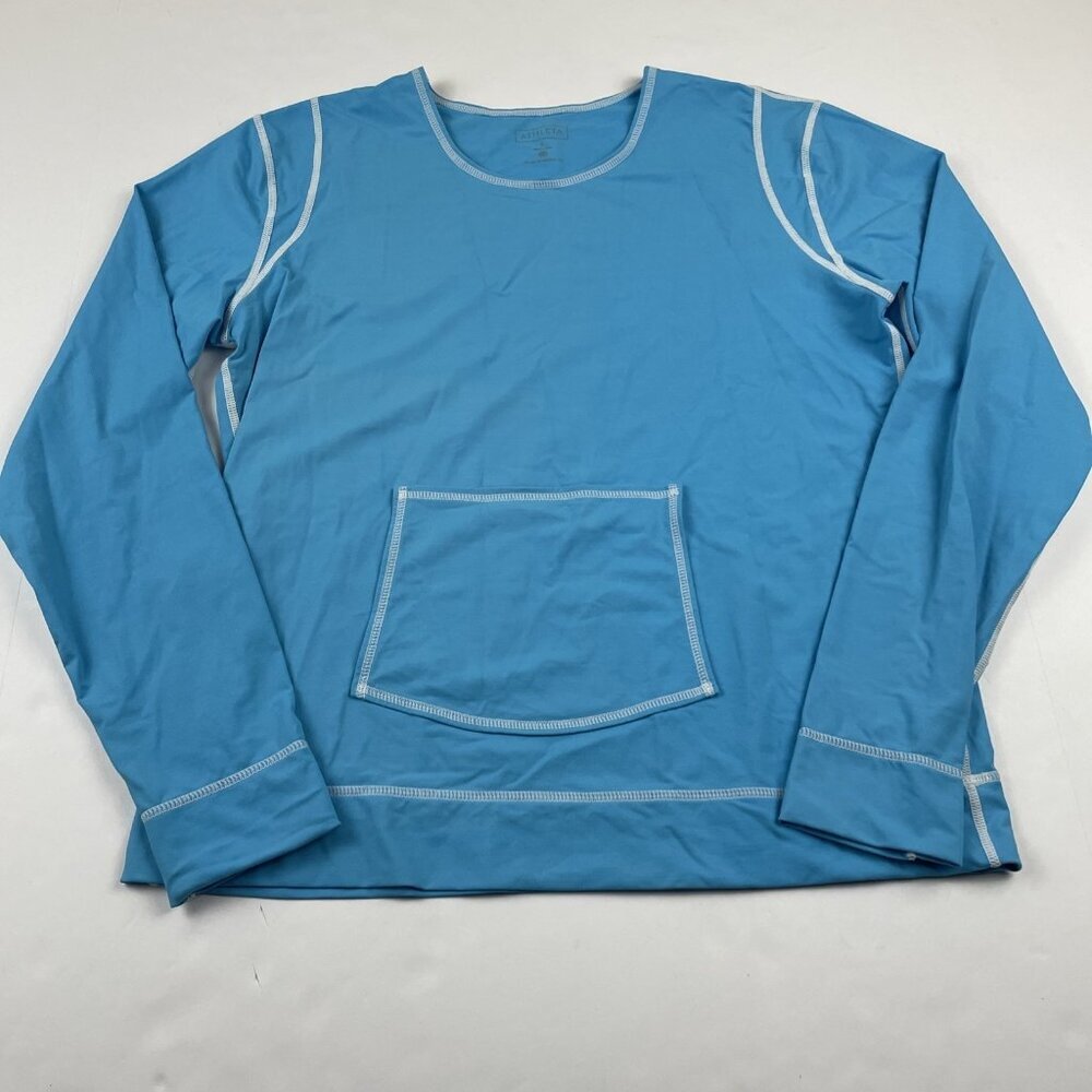 Athleta Summer Shade Rash Guard Top Women’s L Long Sleeve Blue Active Hike Fish